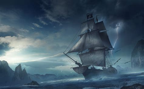 Fantasy Pirate Ship: Jolly Roger HD Wallpaper with Lightning by Sergey ...