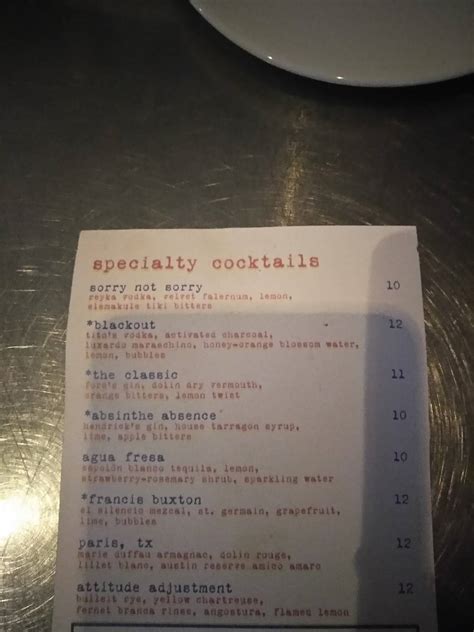 Menu at Parkside restaurant, Austin, 301 E 6th St