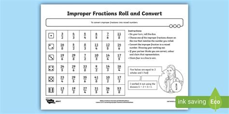 👉 Convert Improper Fractions to Mixed Numbers: Dice Game