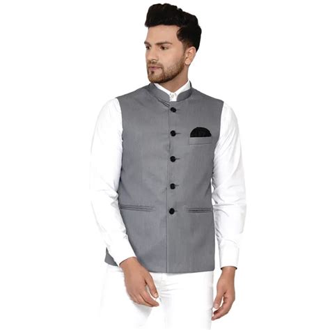 VEERA PARIDHAN Traditional Grey Men's Solid Nehru Jacket For Party And ...