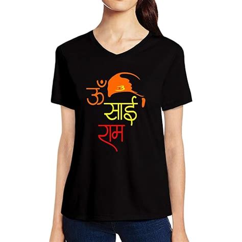 Buy Pooplu Women's Regular Fit Om Sai Ram Cotton Printed V Neck Half ...