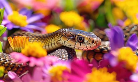 Snake in spring flowers | Premium AI-generated image