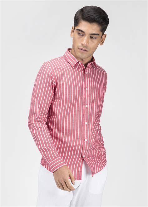 Get Contrast Pinstriped Red SLim Fit Shirt at ₹ 899 | LBB Shop