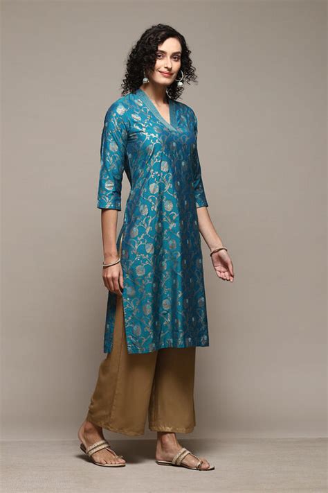 Teal Poly Viscose Straight Printed Kurta at Biba India