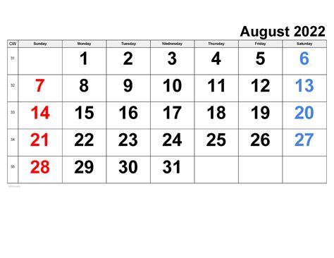 August Calendar 2022 Printable Landscape