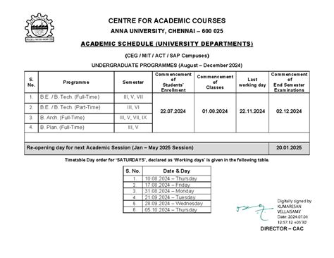UG - Odd Sem (Aug - Dec 2024 session) - Academic Schedule - CENTRE FOR ...