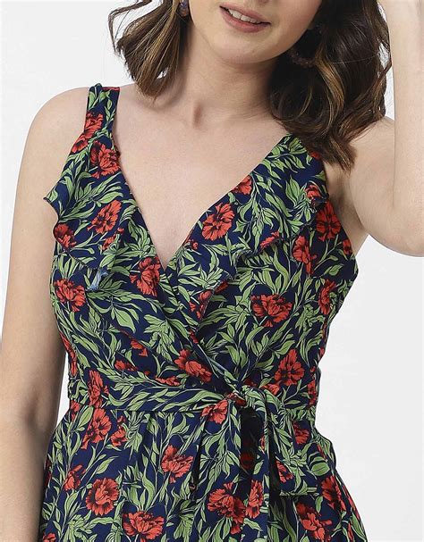 V Neck Sleeveless Printed Georgette Dress - Moomaya