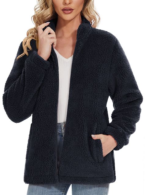 MAGCOMSEN Women Sherpa Jacket Full Zip Fuzzy Teddy Coat with Pockets ...