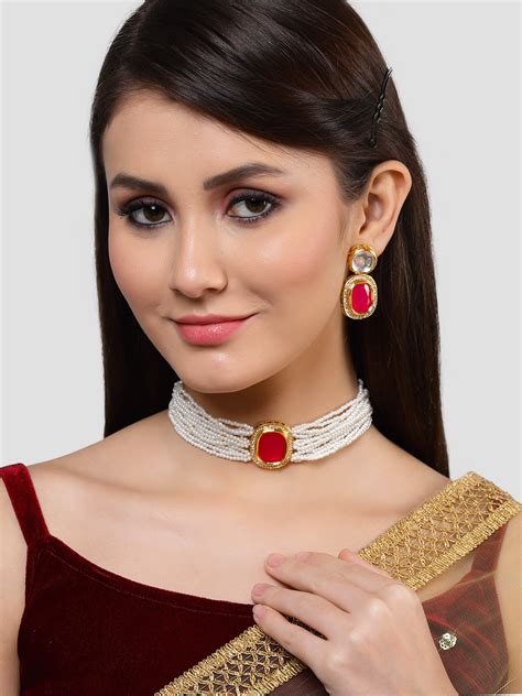 KARATCART Gold Plated Polki Choker Red Jewellery Set for Women