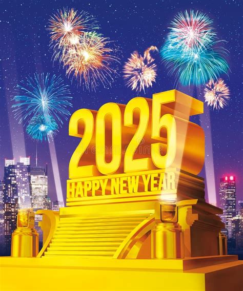 Golden Happy New Year 2025 on a Platform Against City Skyline with ...
