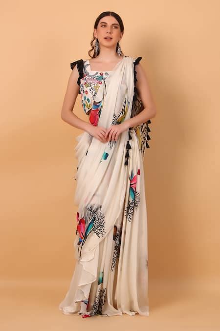 Buy Off White Georgette Square Floral Print Pre-draped Saree With ...