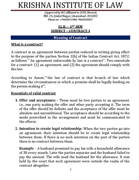 LL.B. 1ST SEM: Meaning of Contract - Revised Notes - Studocu