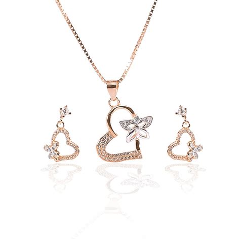 Valentine Heart with Fluttering Butterfly Pendant and Earrings Set ...