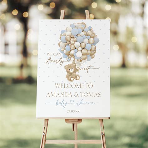 Editable Baby Shower Welcome Sign, Bear Theme Digital Sign, Bear With Blue Balloon, Instant ...