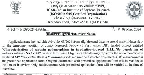 IISR Indore Soybean Molecular Biology JRF Walk IN