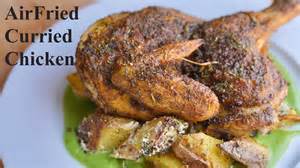 Air-fried curry chicken with warm potato salad and pea purée