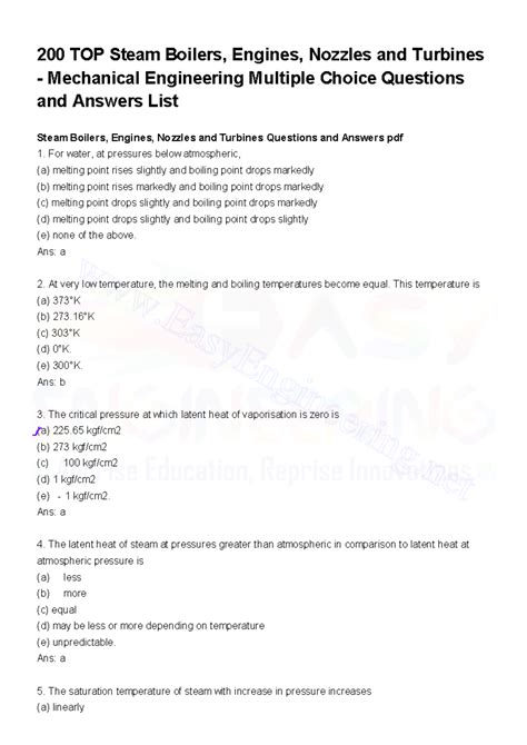 Steam Boilers Engines Nozzles and Turbines MCQs PDF - 200 TOP Steam ...