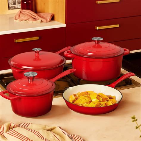 Kitchen Academy Red Enameled Cast Iron Cookware Sets - 7 Pieces ...