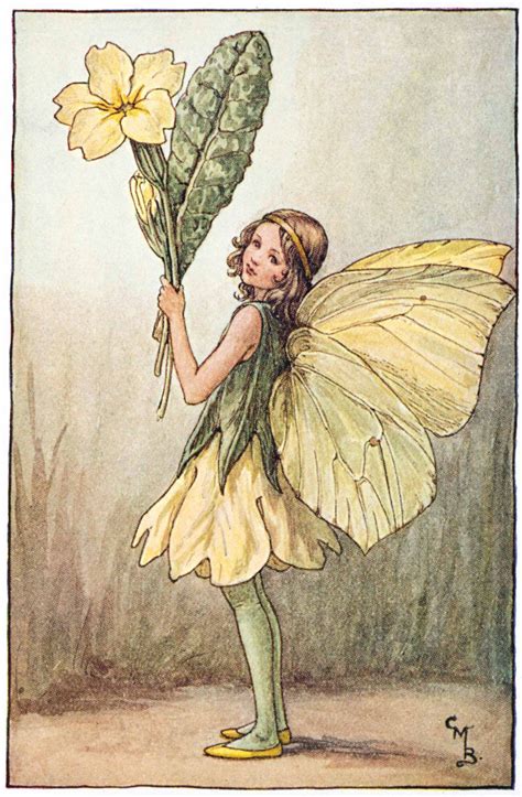 Illustration for the Primrose Fairy from Flower Fairies of the Spring. A girl fairy stands ...