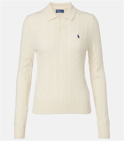 Cable-knit wool and cashmere polo sweater in white - Polo Ralph Lauren ...
