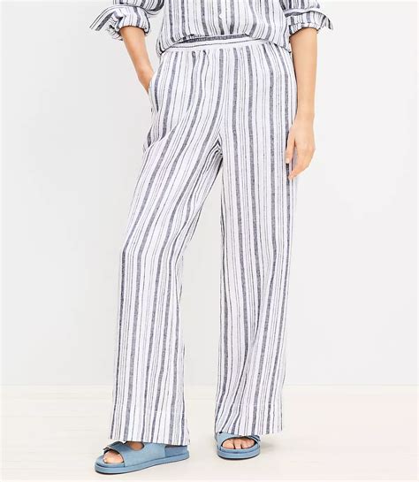 Petite Pull On Wide Leg Pants in Striped Linen