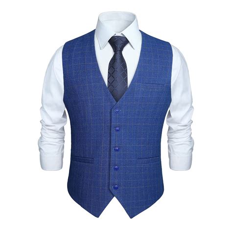 HISDERN Men's Suit Vest V-Neck Royal Blue Plaid Dress Vests Formal ...