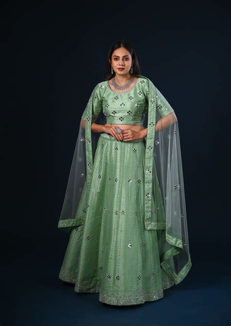 Buy Pistachio Green Cutdana Lehenga Choli with Mirror Work Online