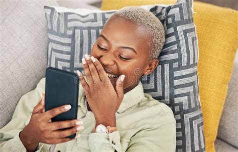Black Woman on Sofa with Phone, Laughing and Meme on Social Media ...