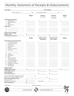 Monthly Statement of Receipts & Disbursements - Blank Fillable Template ...