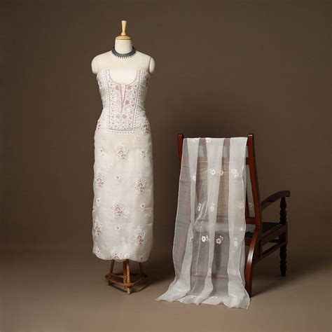 White 2pc Organza Silk Unstitched Hand Beads Work Heavy Chikankari ...