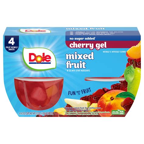 Dole No Sugar Added Mixed Fruit Snack in Cherry Gel, Diced Pineapple, Peaches, Pears, 4.3 oz (4 ...