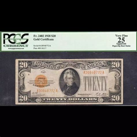 $20 1928 gold seal. Small Size Gold Certificates 2402 - Executive Currency