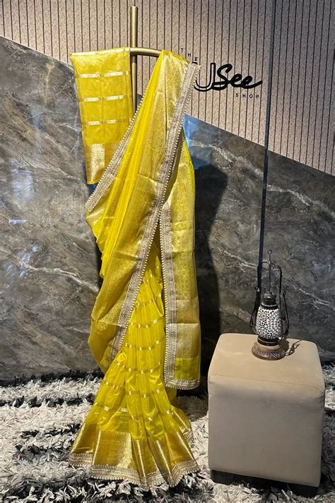 Ready To Wear Lemon Yellow Organza Designer Banarasi Saree – Unique ...