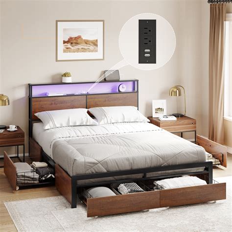 GUNAITO Full Size Platform Bed Frame with Headboard, 4 Storage Drawers ...