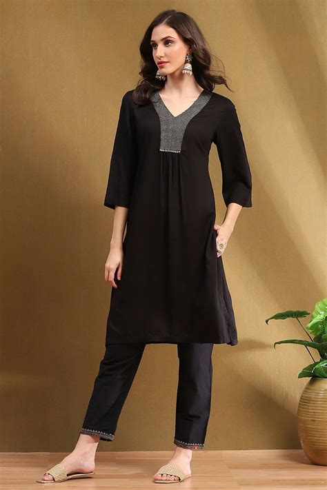 Buy Black Solid Gathered Straight Kurta Online at Biba India