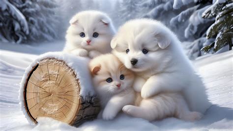 Cute Kittens and Puppy, Snow, Winter 4K UHD Wallpaper for UltraHD ...