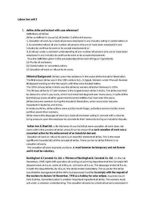 Labour Law Unit 3: Understanding Strikes and Lockouts with Case ...