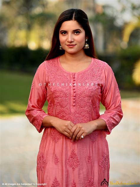 Peach Aniya Chanderi Chikankari Straight Kurti