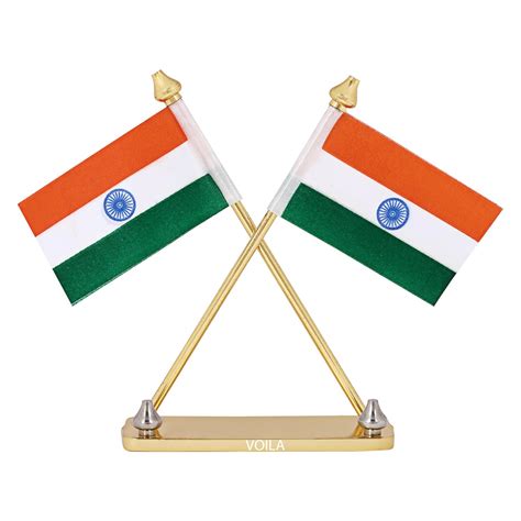 Voila Pair Indian Flag Rolled Over Brass Pipes on Rectangular Metal ...