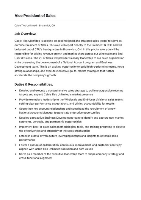Cable Ties Unlimited - Job Opening: Vice President of Sales - Page 1