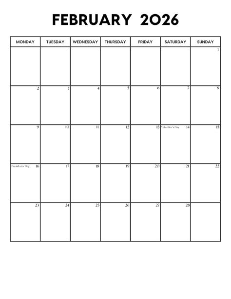 2026 February Calendar With Holidays | February Calendar Printable | Sunday & Monday Start ...
