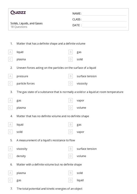 50+ solids liquids and gases worksheets for 9th Class on Quizizz | Free ...
