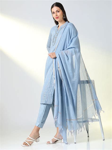 SHOWOFF Women's Blue Striped Straight Kurta and Trouser with Dupatta