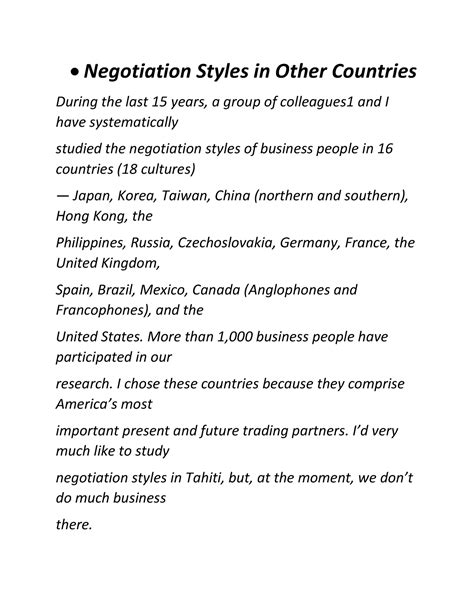 Business management prectice notes 17 - • Negotiation Styles in Other ...