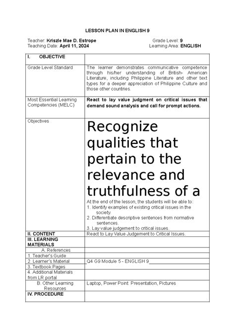 LP- Descriptive vs. Normative Sentences Lesson Plan for English 9 - Studocu