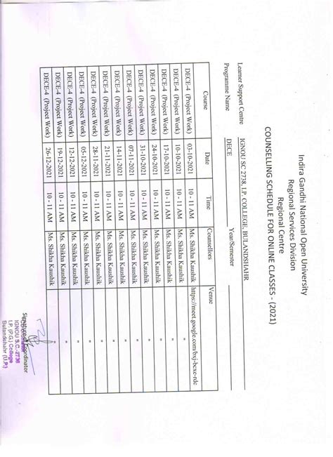 IGNOU-RC-Noida - Student Corner - Counselling Schedule