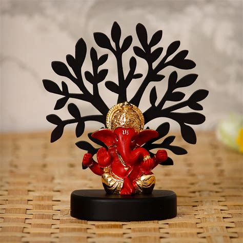 Gold Plated Red Mukut Ganesha Decorative Showpiece with Wooden Tree for ...