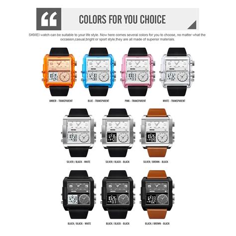 SKMEI Men's Square Watch, LED Backlight Large Screen Multi-Time Zone ...