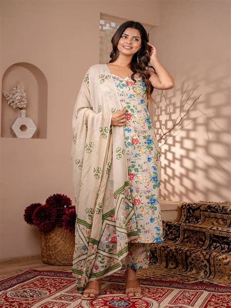 Beige Floral Printed Straight Kurta With Trouser And Dupatta – Trendphoria