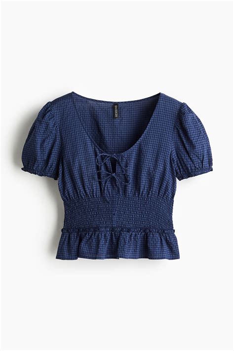 Peplum blouse - Dark blue/Gingham check - Ladies | H&M IN